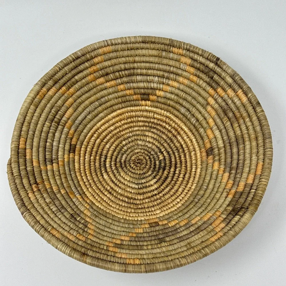 Vintage Handwoven Coiled Grass Basket Bowl Tribal Geometric Boho Decor 9
